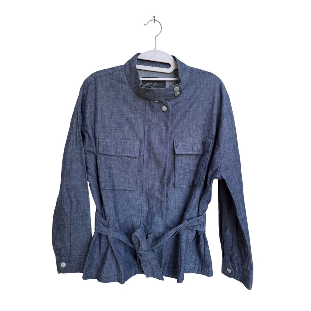 Banana Republic Blue Cotton Chambray Utility Jacket Tie Waist Size Small Petite